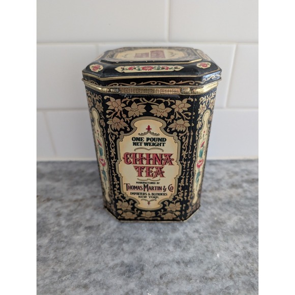 Vtg Tea Caddy China Tea Box Thomas Martin &‎ Co New York Advertising Tin - Picture 1 of 11